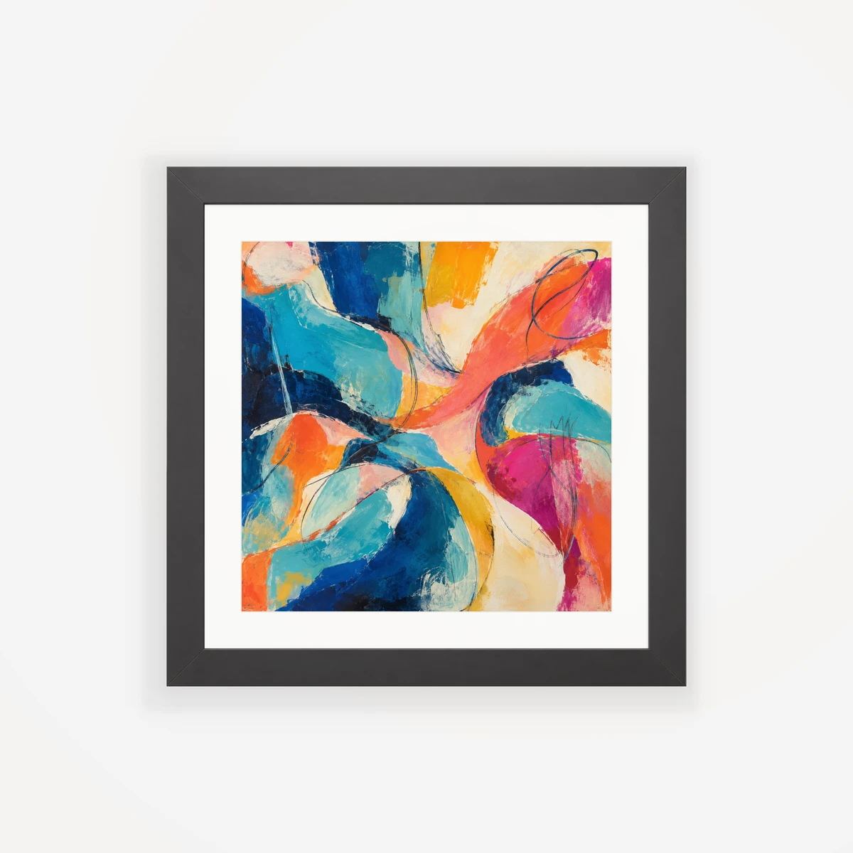 Chromatic Current · Gallery Black Framed Print ARTMOXY example: A fictional abstract painting with a black gallery frame and a generous ivory mat. Exported with the real local MoxyFrame renderer.