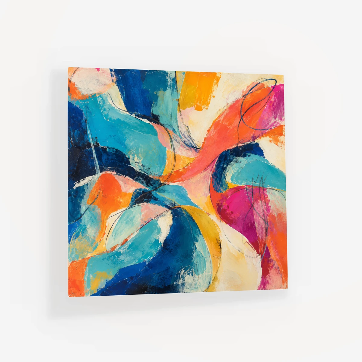 Chromatic Current · Wrapped Canvas Wrapped Canvas ARTMOXY example: A fictional abstract artwork presented as an angled wrapped canvas with its physical edges visible. Exported with the real local MoxyFrame renderer.