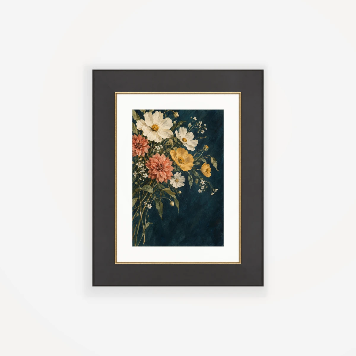 Nocturne Garden · Black & Gold Framed Print ARTMOXY example: A fictional botanical painting paired with the Concerto black-and-gold frame and an ivory mat. Exported with the real local MoxyFrame renderer.