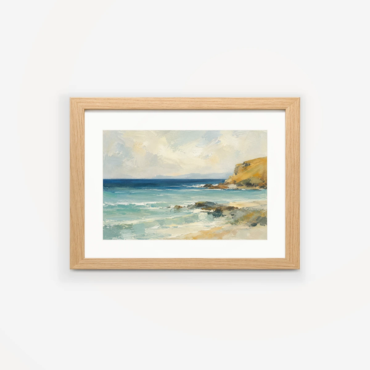 Saltlight · Oak & Ivory Framed Print ARTMOXY example: A fictional coastal painting presented in an oak frame with an ivory mat. Exported with the real local MoxyFrame renderer.