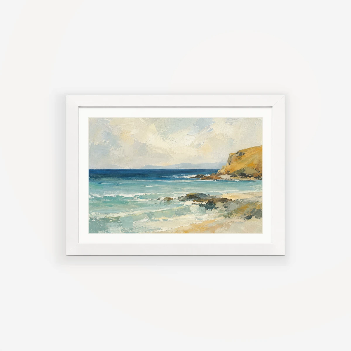 Saltlight · White Studio Framed Print ARTMOXY example: A fictional coastal painting in a clean white frame, styled as a bright studio presentation. Exported with the real local MoxyFrame renderer.
