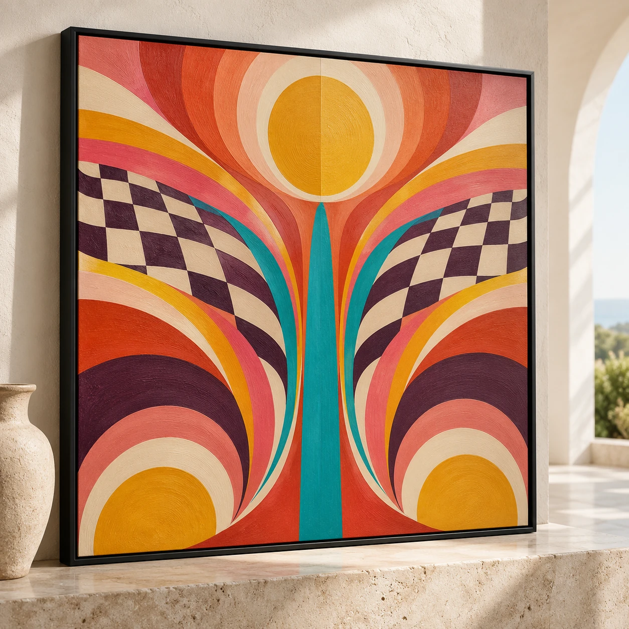 Symmetrical retro acrylic painting with coral and gold arches, aubergine checkerboard ribbons and turquoise accents in a black floating frame Symmetrical retro acrylic painting with coral and gold arches, aubergine checkerboard ribbons and turquoise accents in a black floating frame