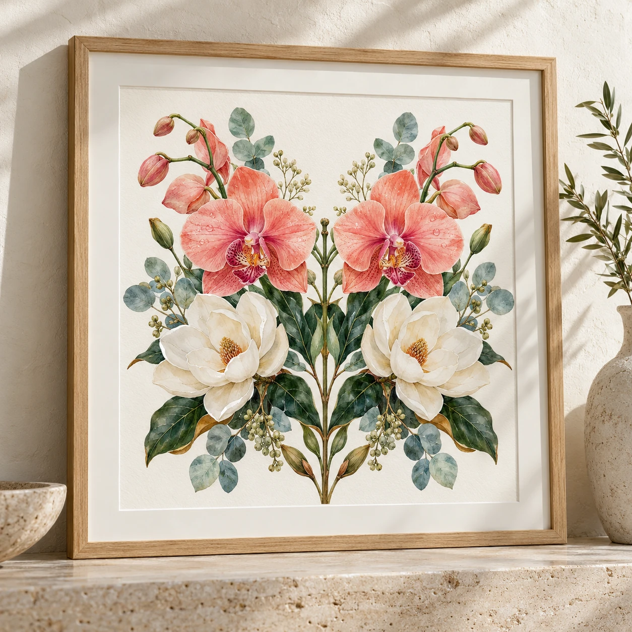 Symmetrical botanical watercolor of coral orchids, ivory magnolias and green foliage on textured paper in an oak frame and white mat Symmetrical botanical watercolor of coral orchids, ivory magnolias and green foliage on textured paper in an oak frame and white mat