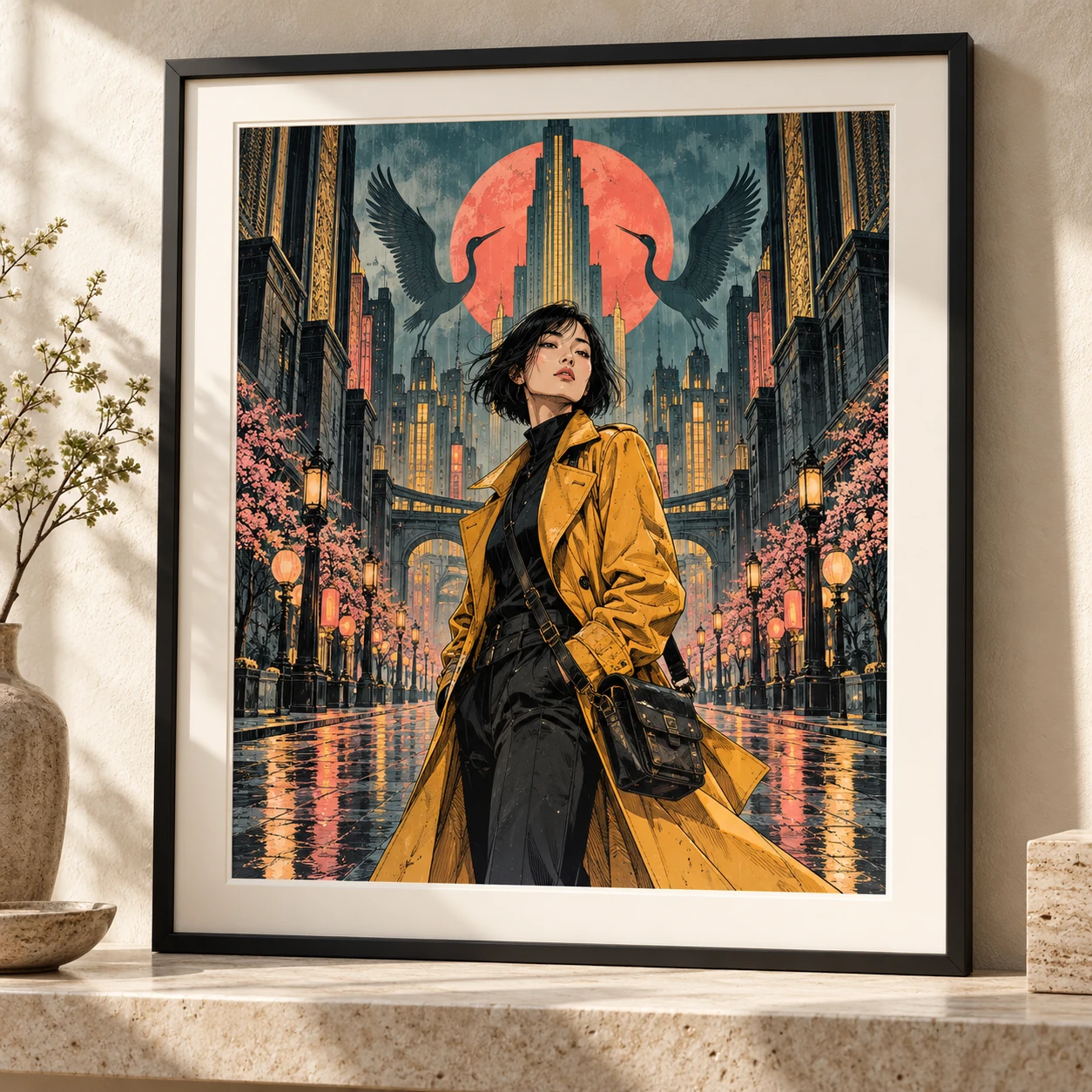 Premium graphic-novel illustration of an original city courier in a saffron coat amid Art Deco architecture, coral skies and teal shadows, presented in a black gallery frame Premium graphic-novel illustration of an original city courier in a saffron coat amid Art Deco architecture, coral skies and teal shadows, presented in a black gallery frame