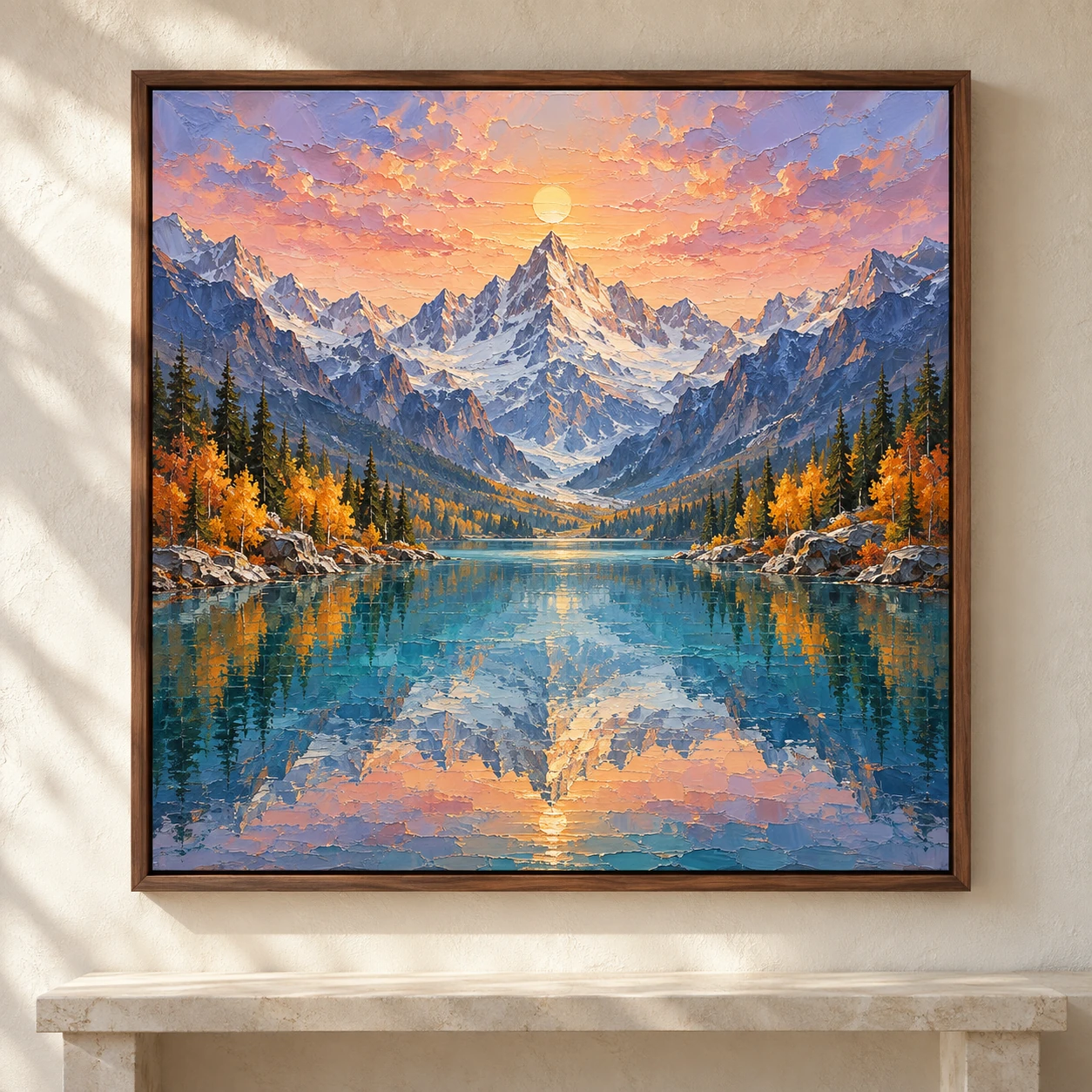 Textured oil painting of an alpine mountain reflected in a turquoise lake beneath a coral dawn, presented in a walnut floating frame Textured oil painting of an alpine mountain reflected in a turquoise lake beneath a coral dawn, presented in a walnut floating frame