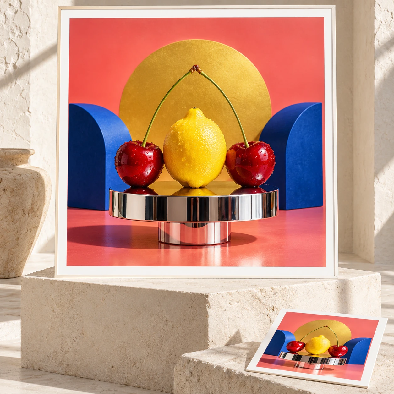Colorful pop-art photograph of cherries and a lemon on a chrome pedestal with coral, gold and cobalt studio props, styled as fine art prints Colorful pop-art photograph of cherries and a lemon on a chrome pedestal with coral, gold and cobalt studio props, styled as fine art prints