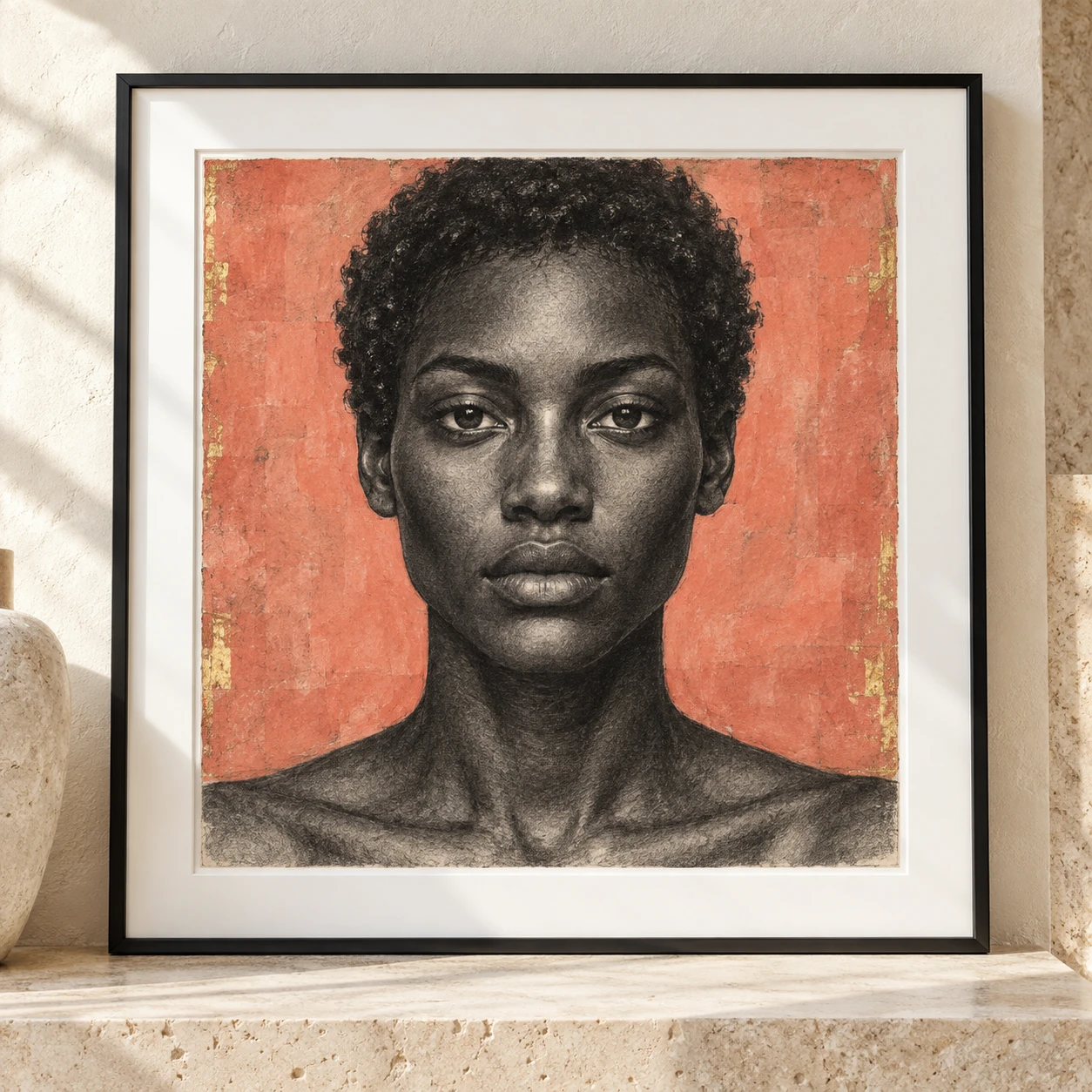 Detailed charcoal portrait of a fictional adult with dark skin against a coral backdrop, framed with a white mat and black gallery frame Detailed charcoal portrait of a fictional adult with dark skin against a coral backdrop, framed with a white mat and black gallery frame