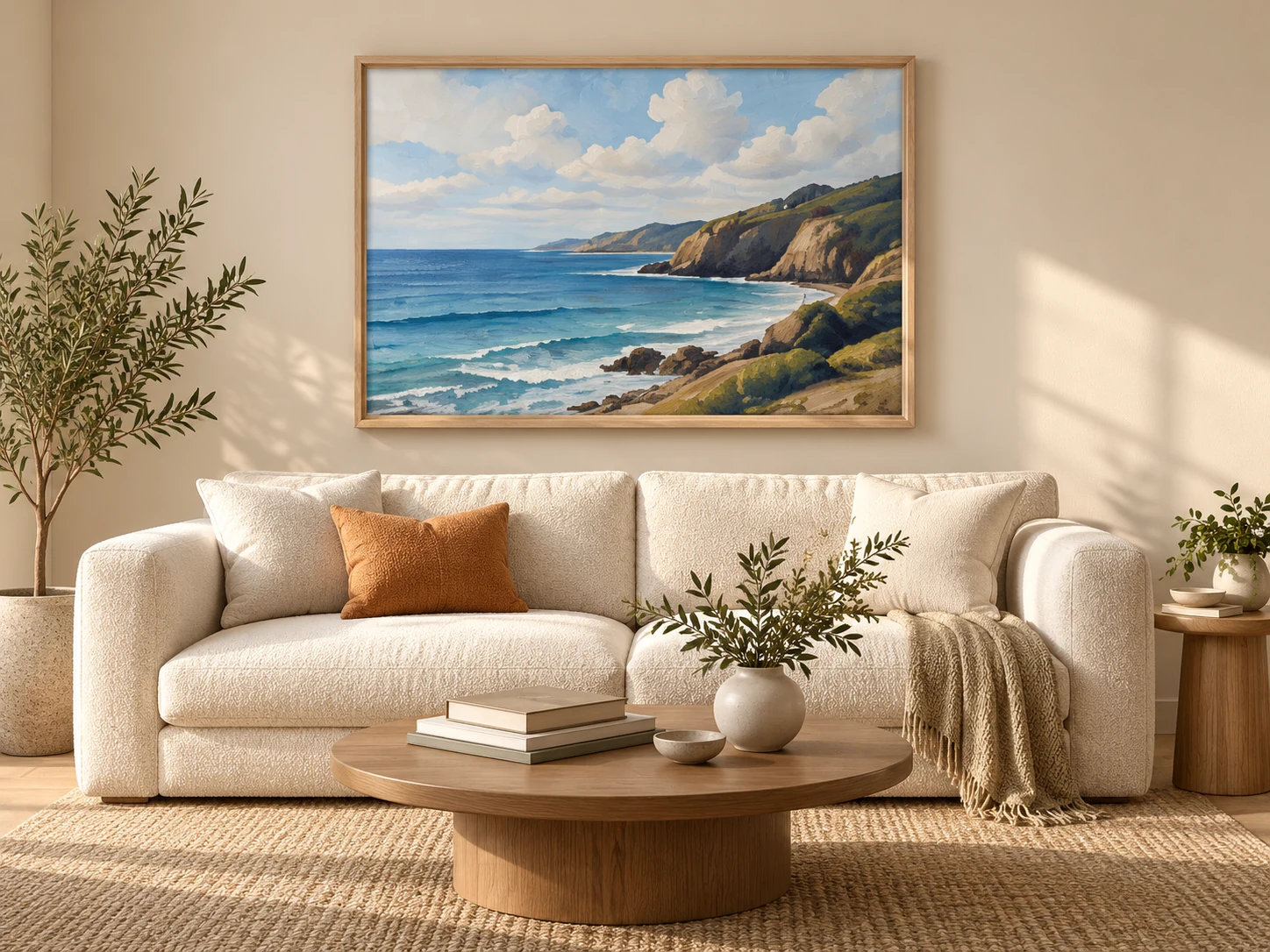 Framed coastal artwork above a cream sofa in a sunlit room