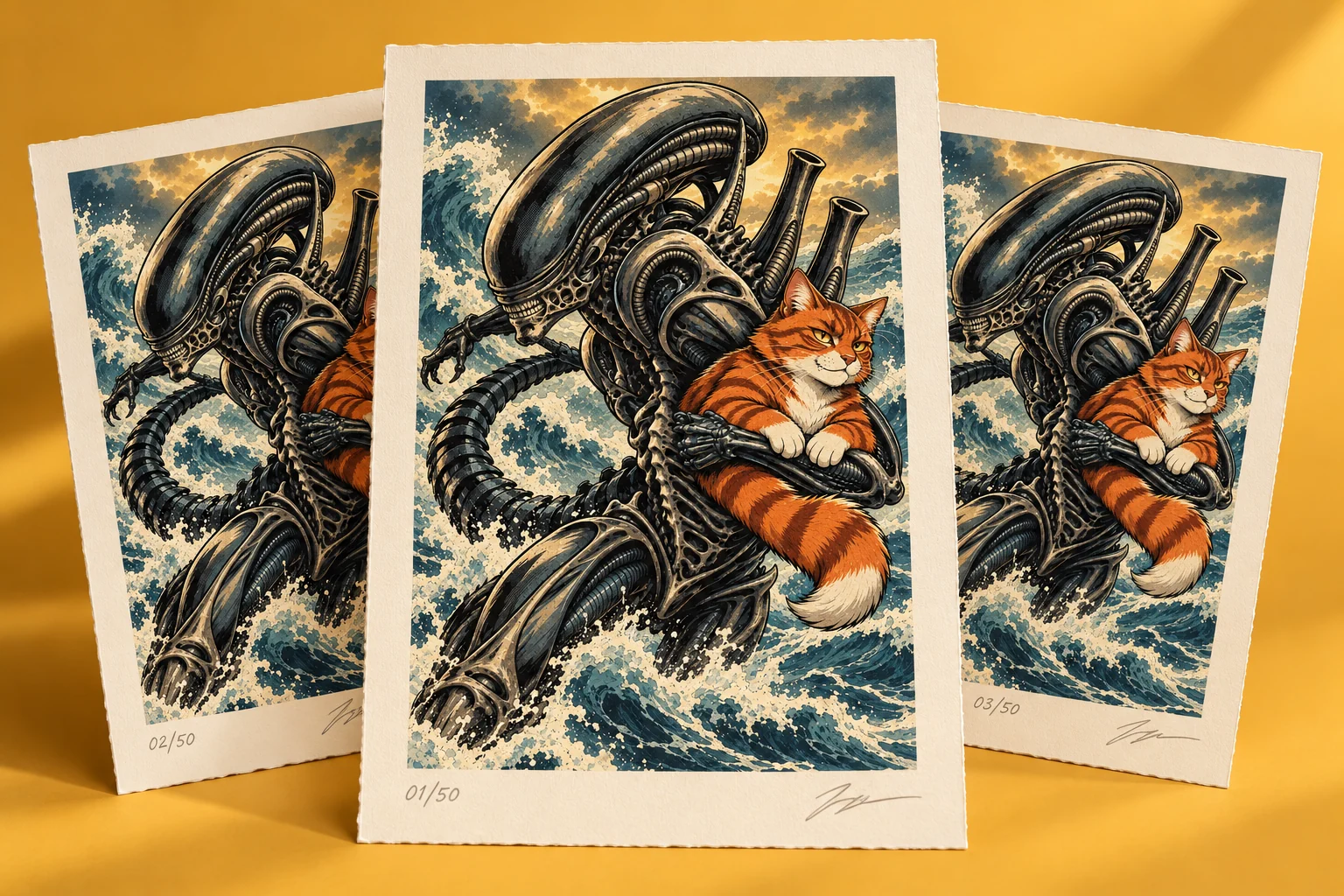 Three matching prints of a biomechanical guardian holding an orange tabby amid waves, with illustrative pencil signatures and edition numbers 01/50, 02/50 and 03/50
