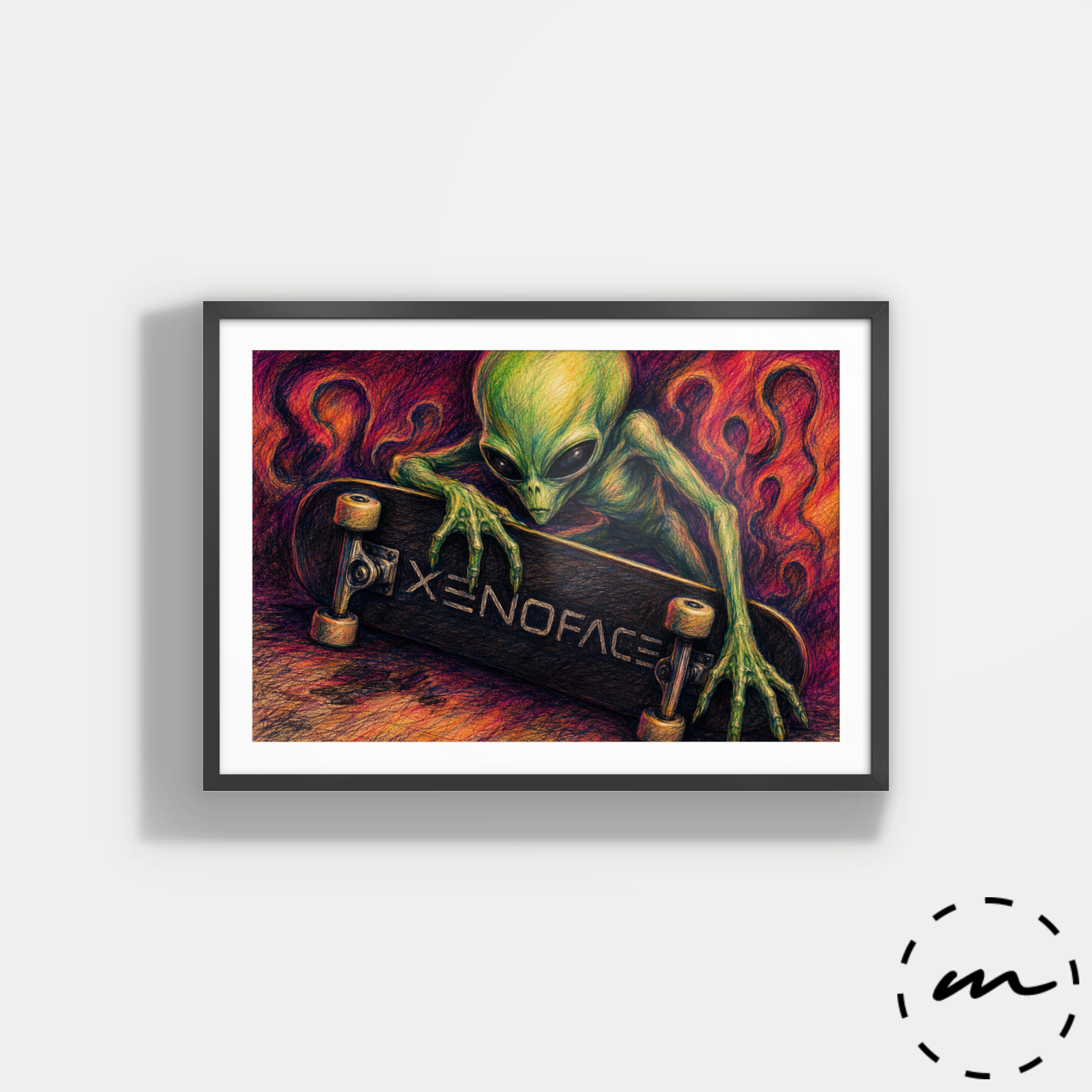 HM XENOFACE Skate AI Lifestyle ARTMOXY example: Created with MoxyFrame, black frame with mat and glossy finish.