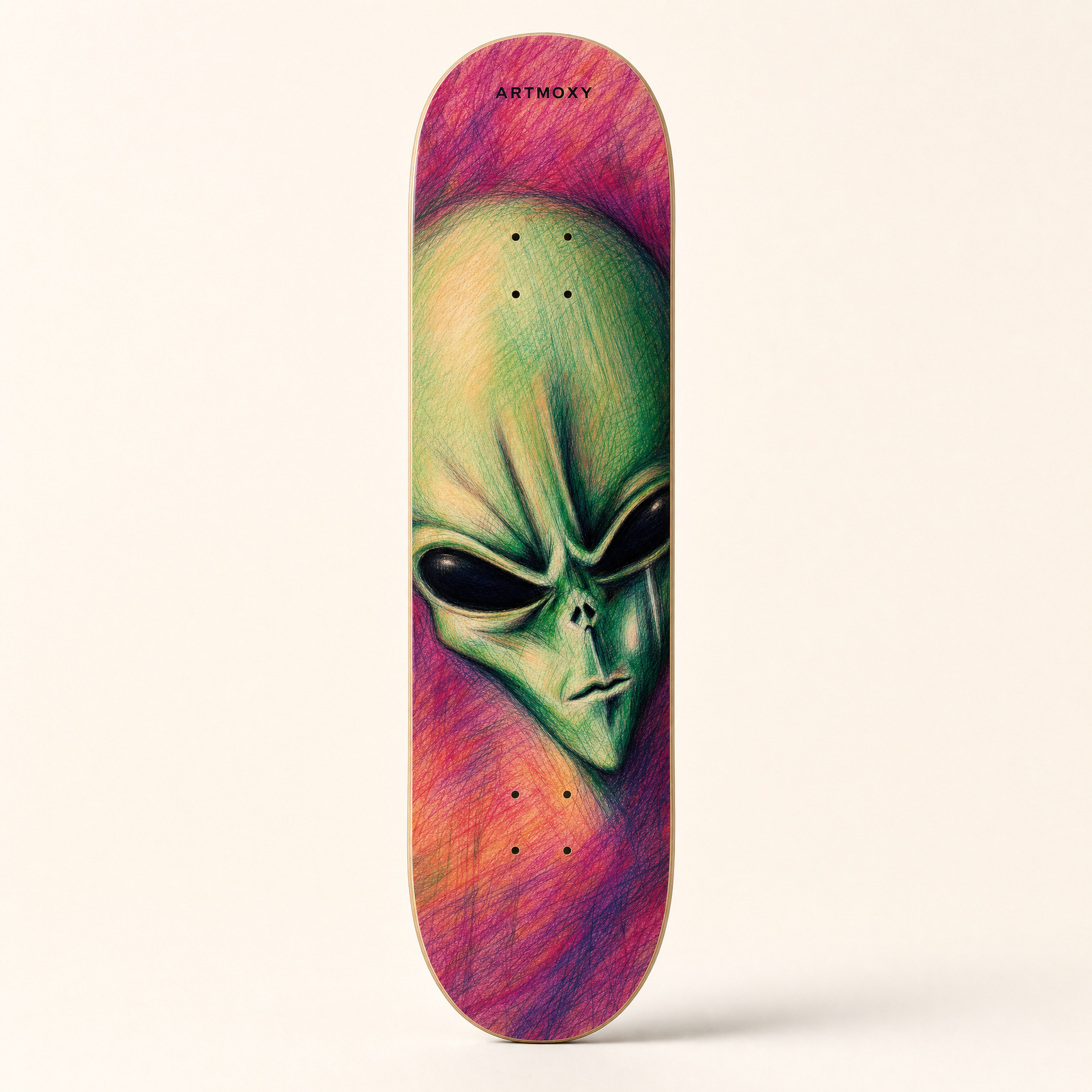 ARTMOXY - ALIEN SKATE DECK ai lifestyle preview created with ARTMOXY